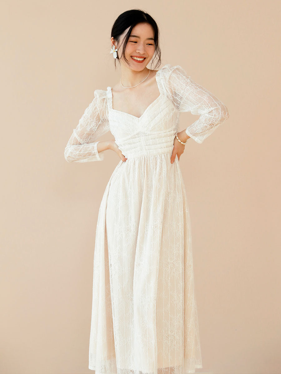 Lace Prom Dress Long Sleeves White Bridal Wedding Midi Dress