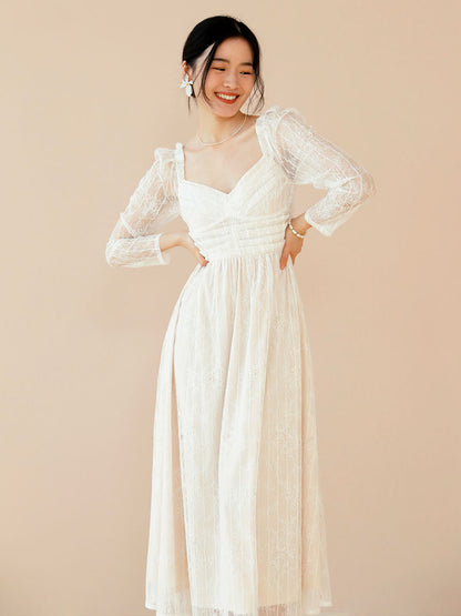 Lace Prom Dress Long Sleeves White Bridal Wedding Midi Dress
