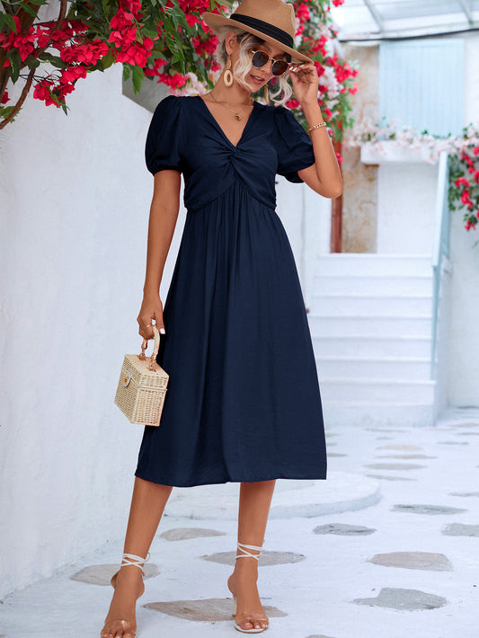 Pleated Casual V-Neck Short Sleeves Midi Dress