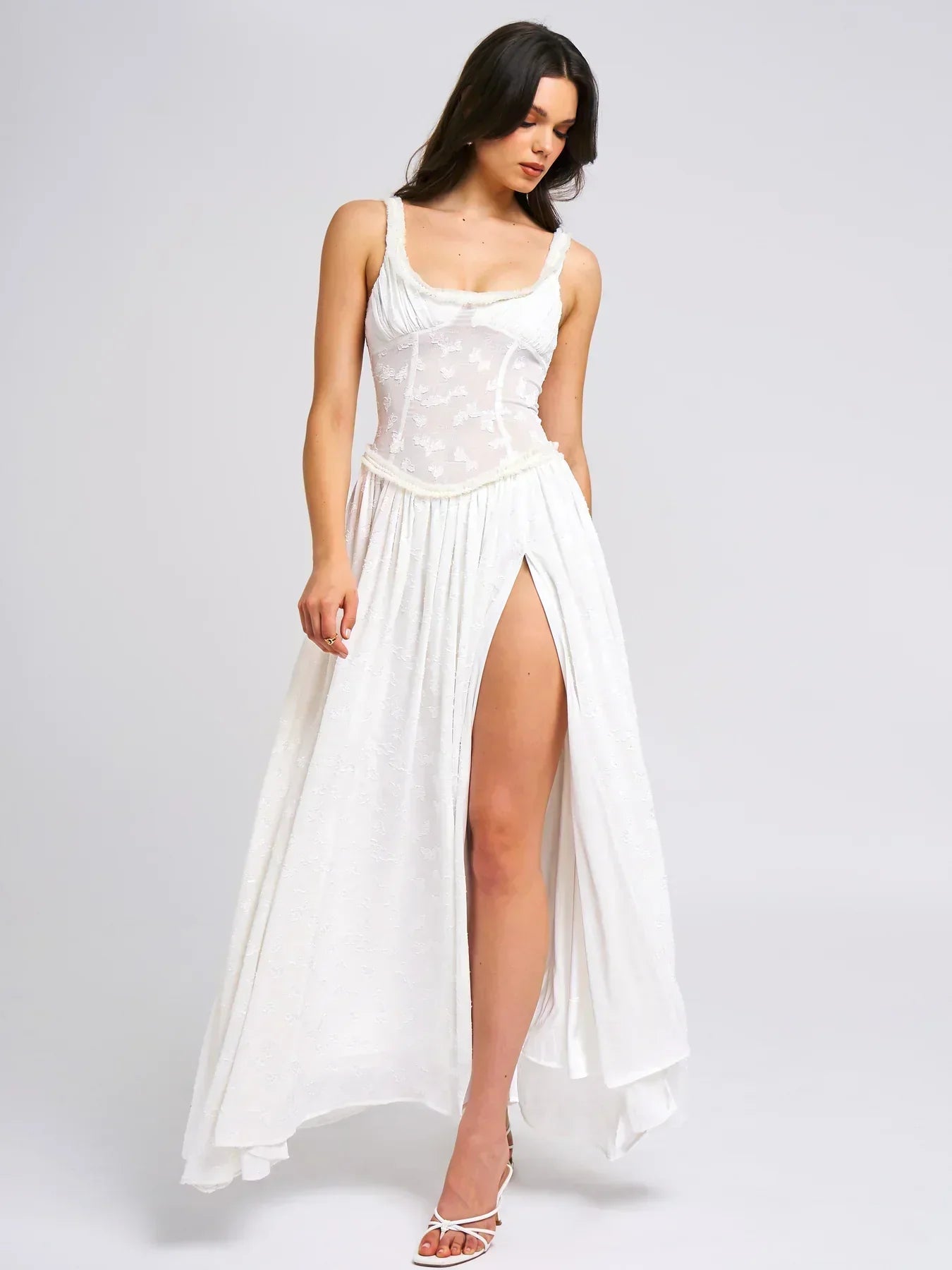 Sweetheart Ruffle Trim Corset Pleated High Slit Abstract Print Maxi Dress