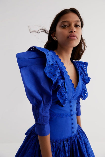Solid Lace V-Neck Frill Mini Dress
