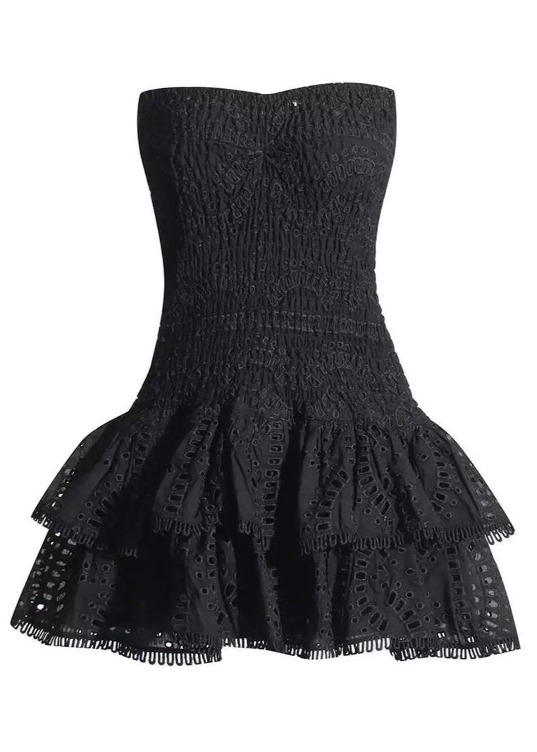 Strapless Smocked Geometric Print Tiered Ruffle Mini Dress