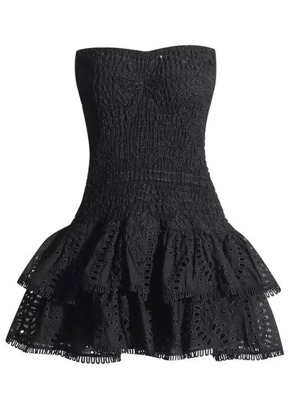 Strapless Smocked Geometric Print Tiered Ruffle Mini Dress