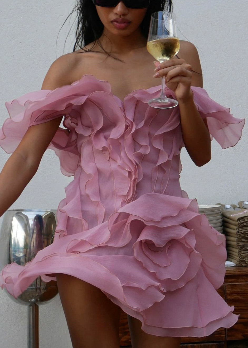 Deep V Neck Tiered Organza Ruffle Overlay Fit and Flare Mini Dress