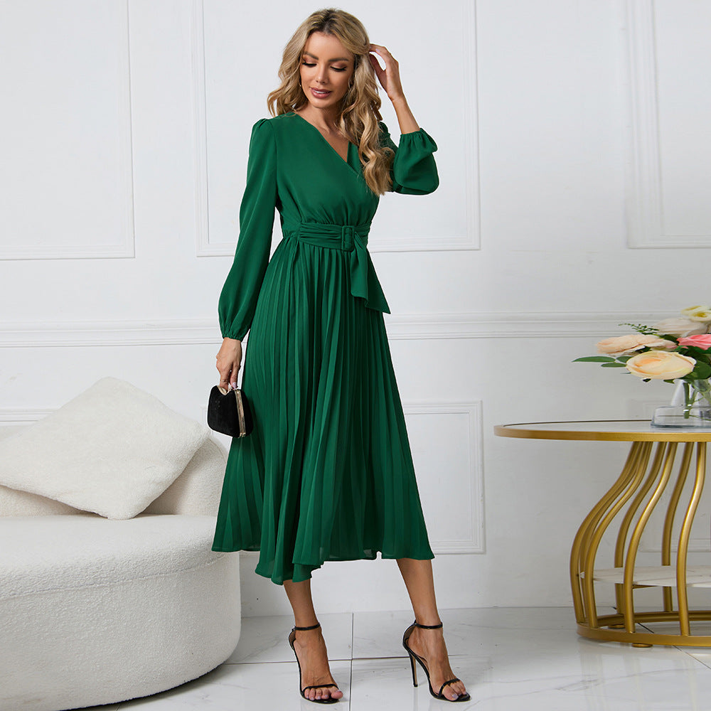 Wrap Surplice V-Neck Bishop Sleeve Sunray Pleated Belted Midi Dress