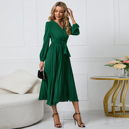 Wrap Surplice V-Neck Bishop Sleeve Sunray Pleated Belted Midi Dress