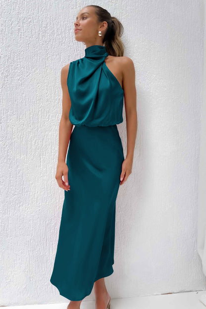 Satin High Neck Keyhole Back Sleeveless Bias-Cut A-Line Maxi Dress