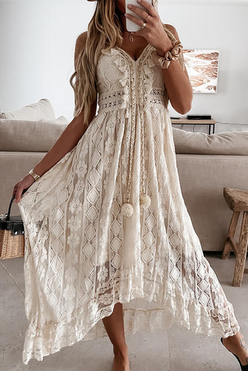 Floral Lace V-Neck Ruffle Trim Pom-Pom Tie Tiered Ruffled Hem Midi Dress