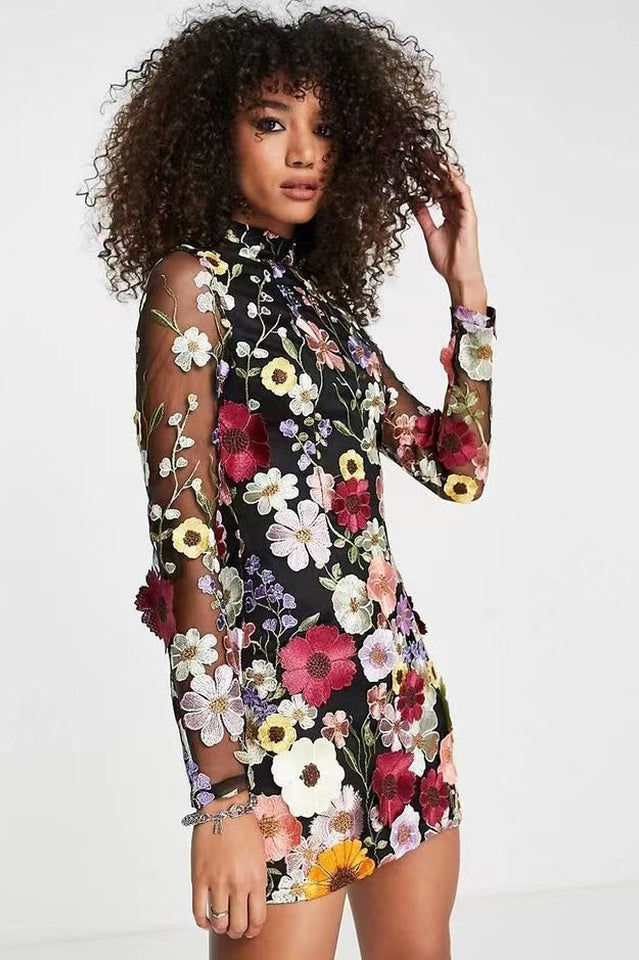 Mock Neck Long Sleeve 3D Floral Applique Mesh Overlay Bodycon Mini Dress