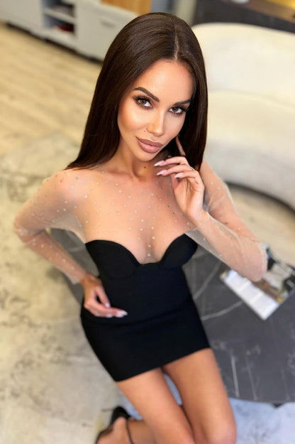Rhinestone Mesh Illusion Sweetheart Neck Long Sleeve Bodycon Mini Dress