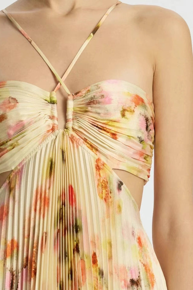 Halter Neck Plisse Pleated Watercolor Floral Waist Cutout Maxi Dress