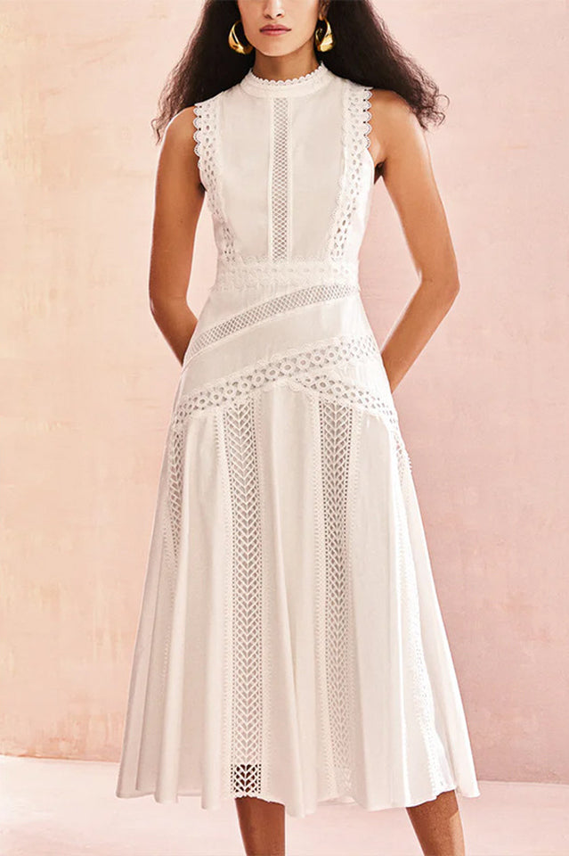 Mock Neck Crochet Lace Trim Eyelet Panel Pleated Fit and Flare Midi Dress
