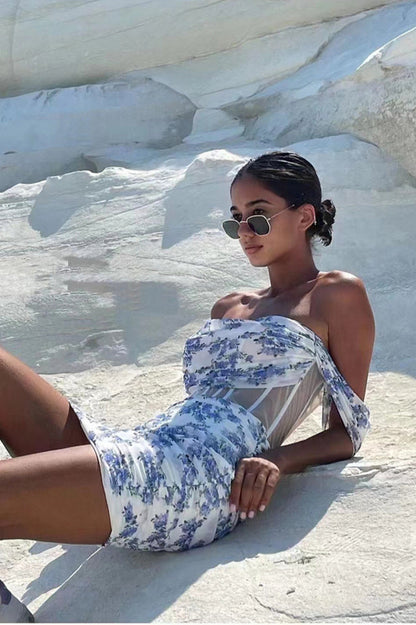 Floral Print Off Shoulder Corset Mesh Panel Ruched Bodycon Mini Dress