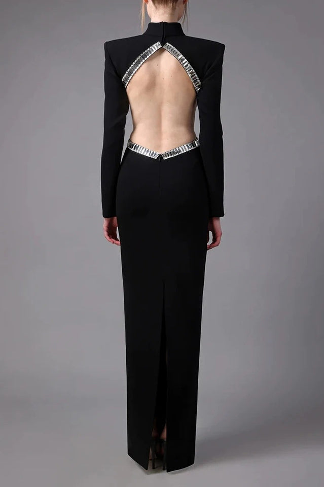 Mock Neck Crystal Trim Waist Cutout Long Sleeve Mermaid Maxi Dress
