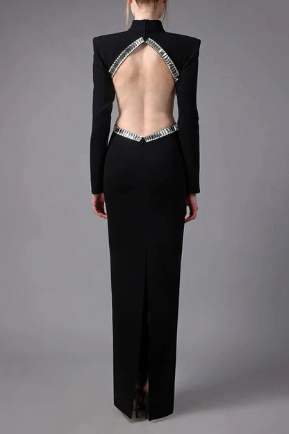Mock Neck Crystal Trim Waist Cutout Long Sleeve Mermaid Maxi Dress