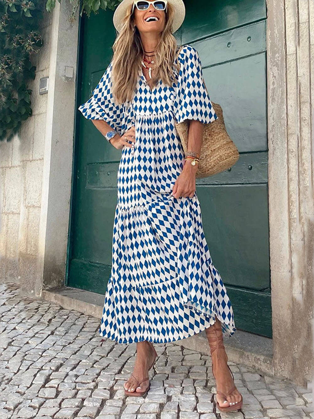 Deep V Neck Puff Sleeve Tiered Honeycomb Lattice Print Maxi Dress