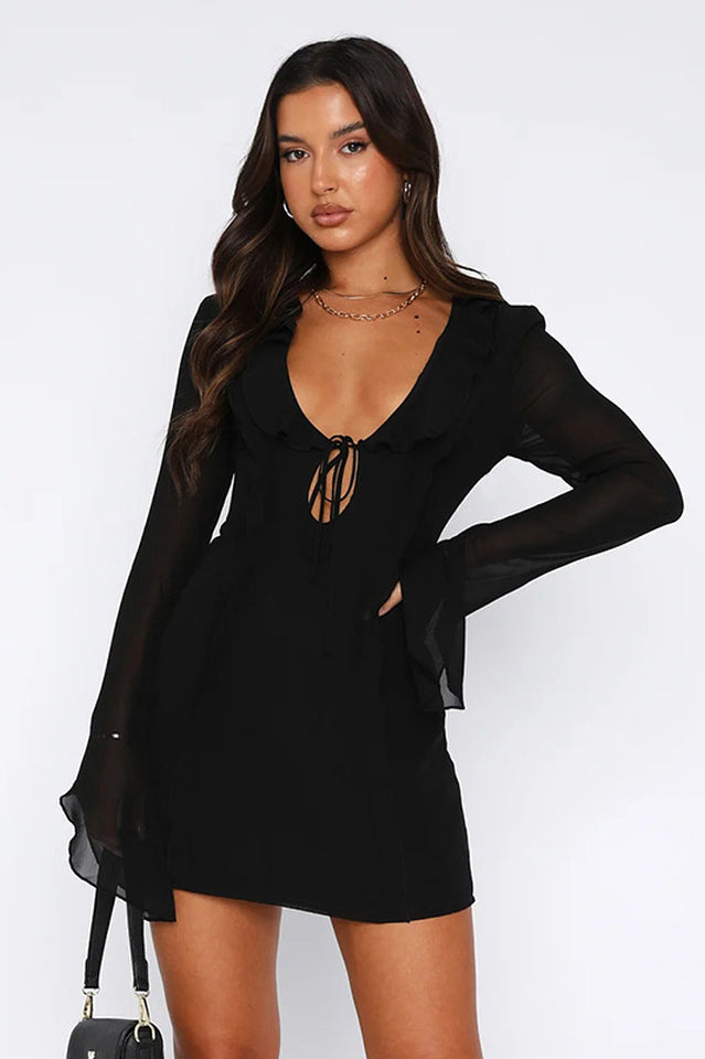 Ruffle Trim Tie Front Keyhole Deep V Neck Long Bell Sleeve Chiffon Mini Dress