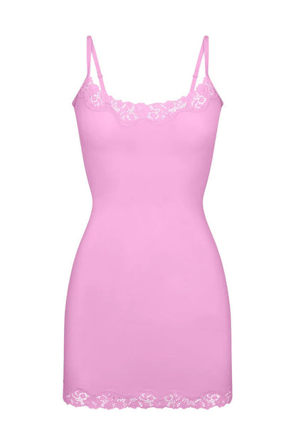 Scoop Neck Lace Trim Spaghetti Strap Bodycon Slip Mini Dress