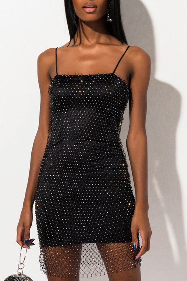 Spaghetti Strap Rhinestone Mesh Overlay Layered Hem Mini Dress