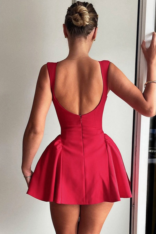 Boat Neck Sleeveless Drop-Waist Gathered Panel Fit-and-Flare Mini Dress