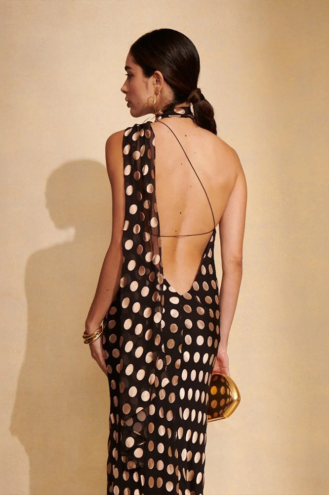 Metallic Polka Dot Halter Backless Wide-Leg Jumpsuit