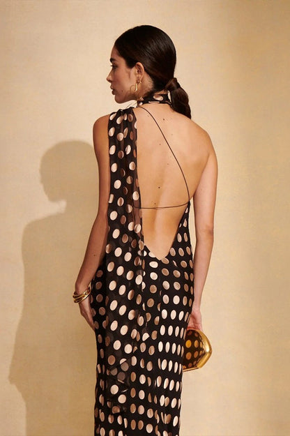 Metallic Polka Dot Halter Backless Wide-Leg Jumpsuit