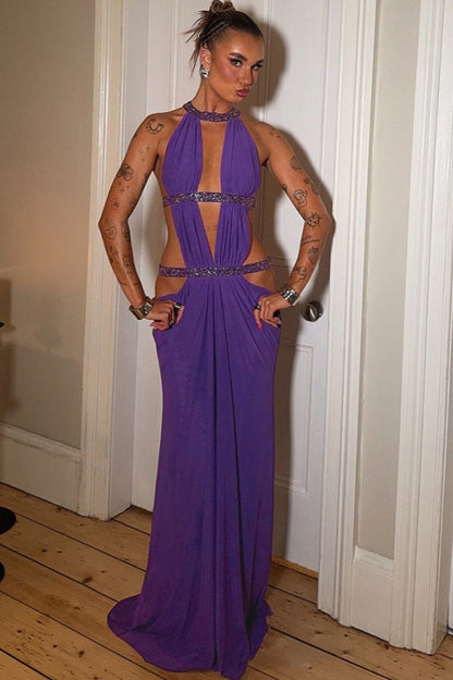 | Cutout Backless Maxi Dress in Rhinestone