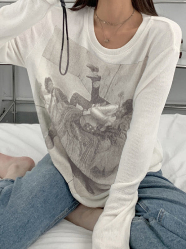 Vintage Print Ribbed Loose Long Sleeve Knit