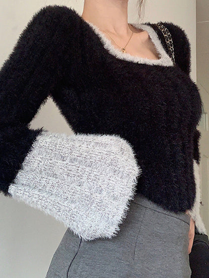 Contrast Color Splice Trumpet Sleeve Slim Sweater