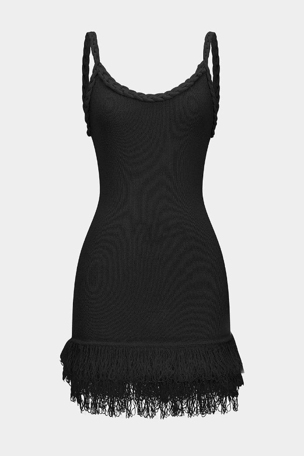 Solid Color Cable Camisole Slim Fit Tassel Knit Mini Dress