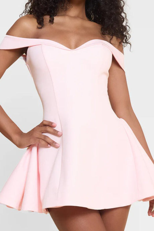 Off-the-Shoulder Sweetheart Princess Seam Pleated Fit and Flare Mini Dress