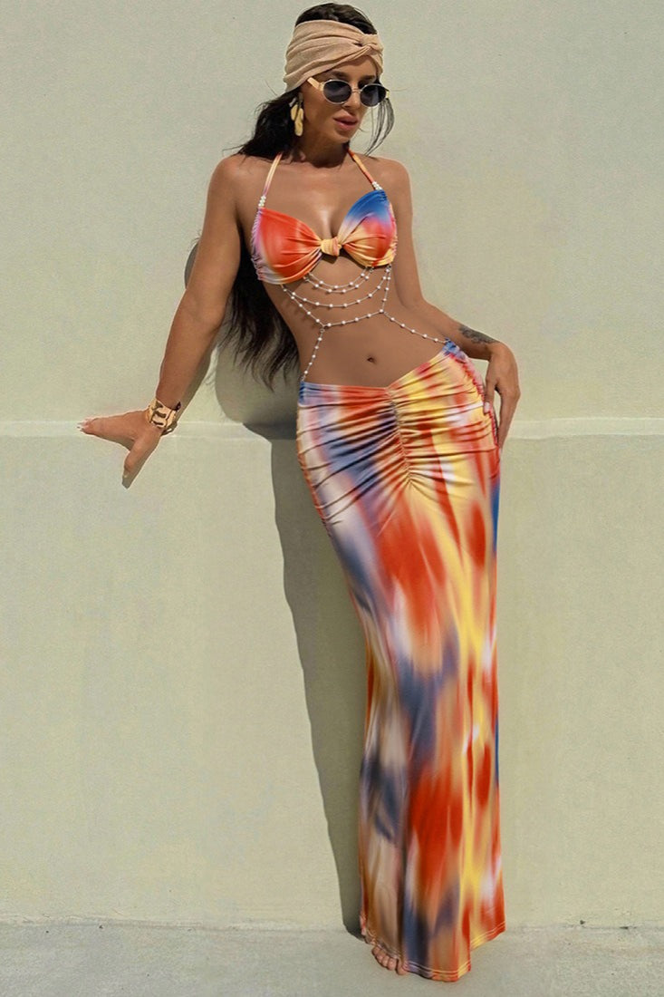 Bow Front Halter Abstract Marble Print Ruched V-Waist Maxi Skirt Two Piece Set