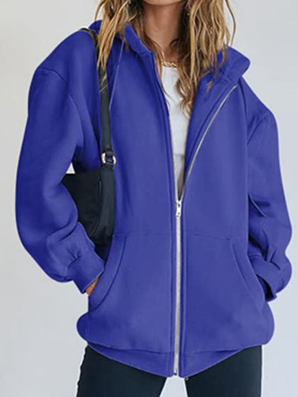 Solid Drawstring Zip Up Oversized Hoodie