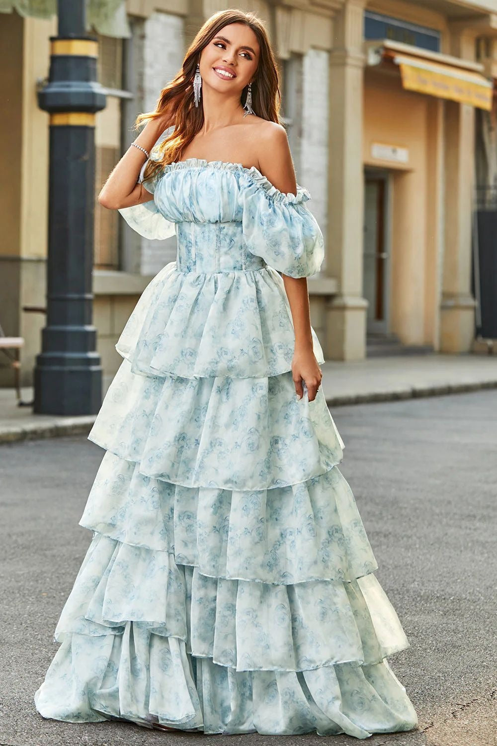 Off Shoulder Corset Bodice Puff Sleeve Tiered Floral Print Maxi Dress
