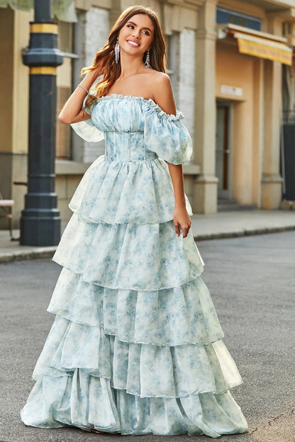 Off Shoulder Corset Bodice Puff Sleeve Tiered Floral Print Maxi Dress