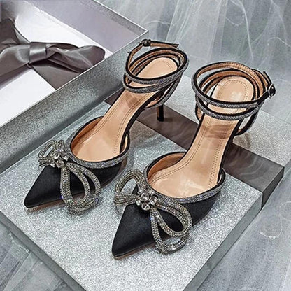 Glitter Rhinestones Silk Women Pumps with Crystal Bowknot - Spring Autumn Lady High Heels