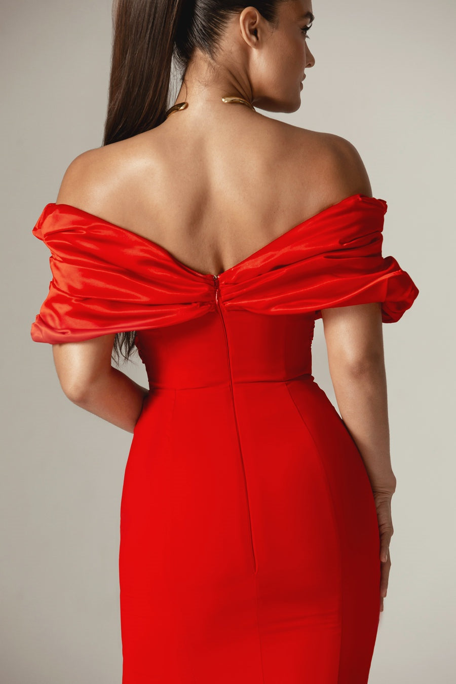 Off Shoulder Satin Ruffle Tiered Bodice High Slit Column Maxi Dress