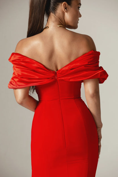 Off Shoulder Satin Ruffle Tiered Bodice High Slit Column Maxi Dress