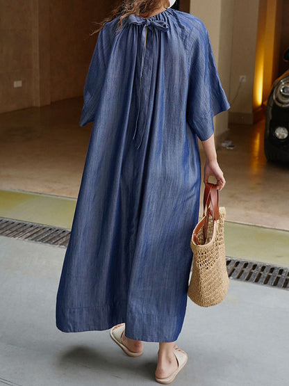 Loose Raglan Sleeve Drawstring Lace-Up Pleated Solid Color Round-Neck Midi Dresses