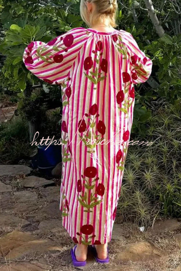 Lara Linen Blend Floral Stripe Print Button Up Belt Pocketed Kaftan Midi Dress