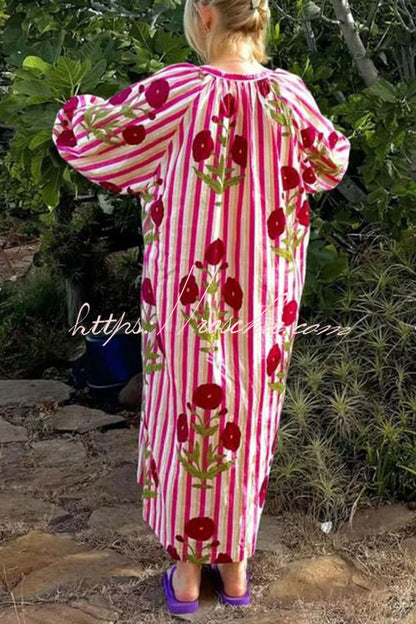 Lara Linen Blend Floral Stripe Print Button Up Belt Pocketed Kaftan Midi Dress