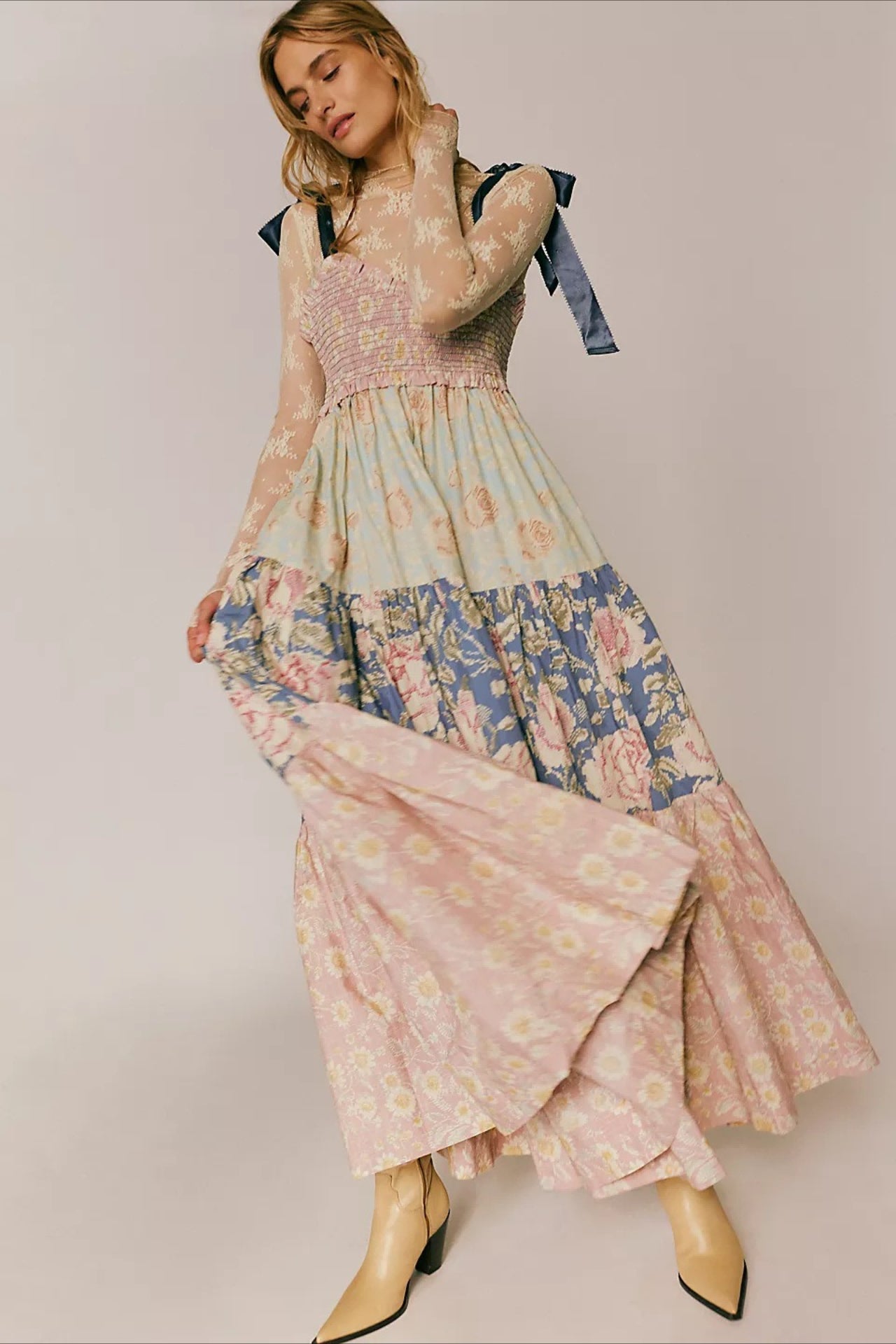 Smocked Tie Shoulder Bow Tiered Patchwork Floral Print Maxi Dress