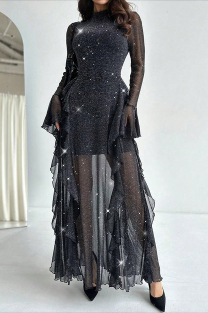 Mock Neck Glitter Mesh Flared Cuff Tiered Ruffle Mermaid Maxi Gown