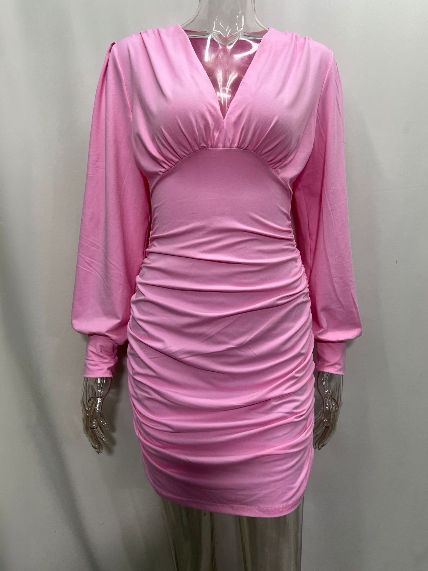 Pleated Elegant Mini Dress V-Neck Long Sleeves Pencil Dress In Solid Color