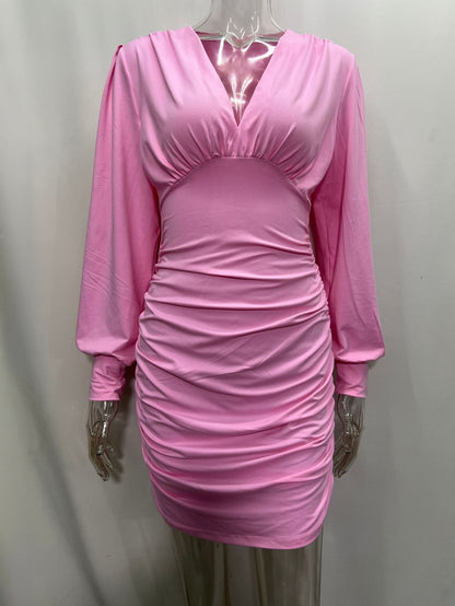 Pleated Elegant Mini Dress V-Neck Long Sleeves Pencil Dress In Solid Color