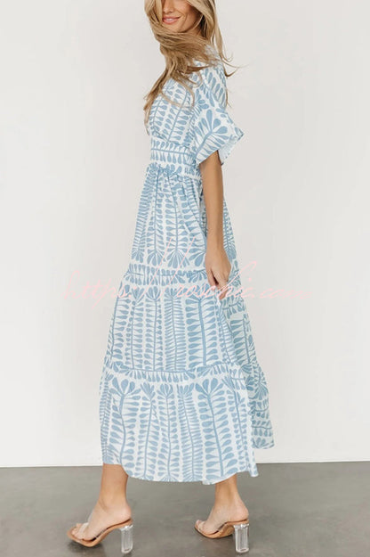 Bohemian Style Unique Printed Short Sleeve High Waist Midi Dress