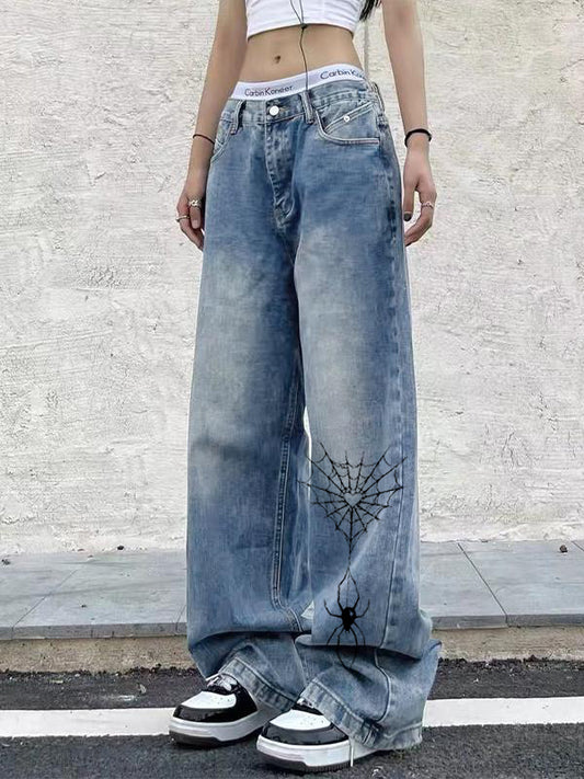Spider Print Vintage Blue Wide Leg Boyfriend Jeans