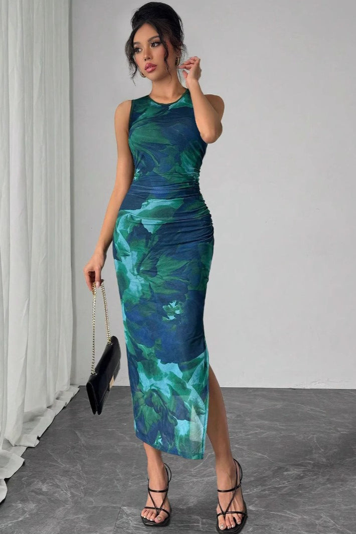 Abstract Floral Ruched Side Slit Crew Neck Bodycon Maxi Dress