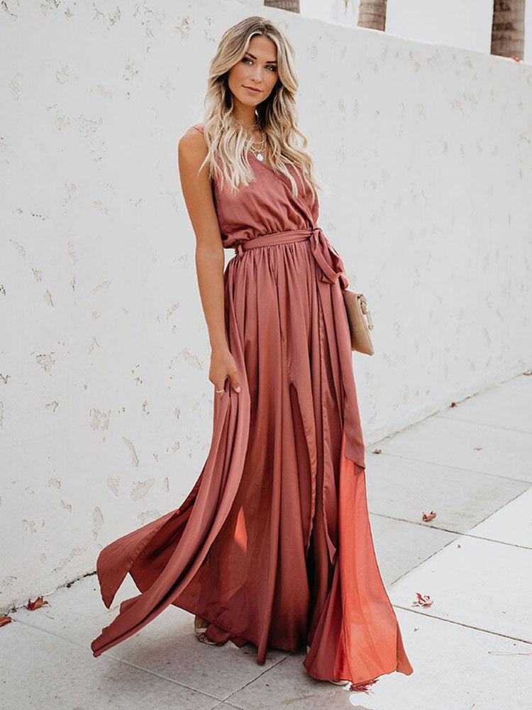 Wrap Dress Sleeveless Blush Pink V Neck Knotted Slit Prom Maxi Dresses