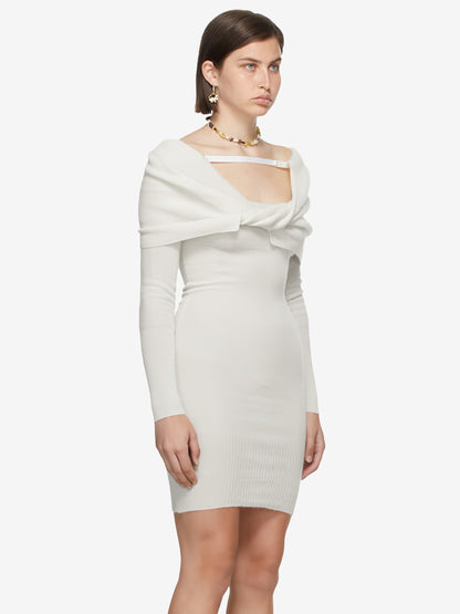 White Bodycon Dress Foldover Long Sleeves Twisted-Front Pencil Mini Dresses